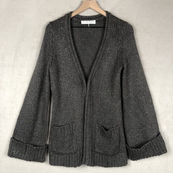 TRINA TURK Metallic Mohair Blend Cardigan Sweater Sz M Gray‎ Wide Cuff Pockets - Picture 1 of 13